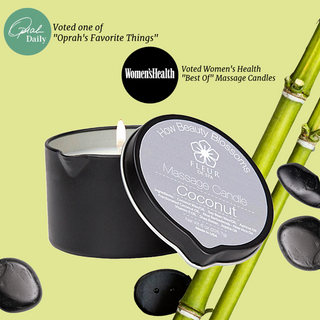 Massage Oil Candle for sensual and relaxing massage with pour spout and pump bottle. All Natural Coconut oil, safflower oil, soy wax, aloe, shea butter for sore muscles and couples. Fleur De Spa Massage oil voted number 1 women's health and Oprah favorite things. Award winning.