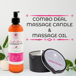 Massage Oil Candle for sensual and relaxing massage with pour spout and pump bottle. All Natural Coconut oil, safflower oil, soy wax, aloe, shea butter for sore muscles and couples. Fleur De Spa Massage oil voted number 1 women's health and Oprah favorite things. Award winning.