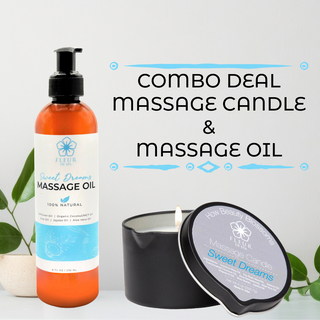 Massage Oil Candle for sensual and relaxing massage with pour spout and pump bottle. All Natural Coconut oil, safflower oil, soy wax, aloe, shea butter for sore muscles and couples. Fleur De Spa Massage oil voted number 1 women's health and Oprah favorite things. Award winning.