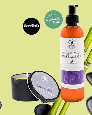 Fleur De Spa massage candle with pour spout and massaging oil made with soy, coconut waxes, oils and jojoba and safflower for professional spa like experience sensual and relaxing massage for couples and one of Oprah's Favorite Things vo