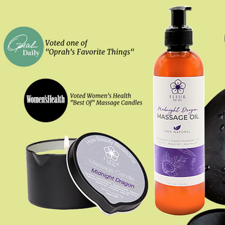 Massage Oil Candle for sensual and relaxing massage with pour spout and pump bottle. All Natural Coconut oil, safflower oil, soy wax, aloe, shea butter for sore muscles and couples. Fleur De Spa Massage oil voted number 1 women's health and Oprah favorite things. Award winning.