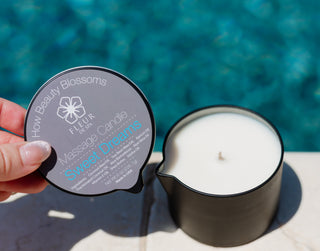 Fleur De Spa Massage Oil Candle for sensual and relaxing massage with pour spout and pump bottle. All Natural Coconut oil, safflower oil, soy wax, aloe, shea butter for sore muscles and couples. Fleur De Spa Massage oil voted number 1 women's health and Oprah favorite things. Award winning.