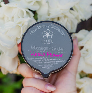 Fleur De Spa Massage Oil Candle for sensual and relaxing massage with pour spout and pump bottle. All Natural Coconut oil, safflower oil, soy wax, aloe, shea butter for sore muscles and couples. Fleur De Spa Massage oil voted number 1 women's health and Oprah favorite things. Award winning.