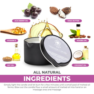 Massage Oil Candle for sensual and relaxing massage with pour spout and pump bottle. All Natural Coconut oil, safflower oil, soy wax, aloe, shea butter for sore muscles and couples. Fleur De Spa Massage oil voted number 1 women's health and Oprah favorite things. Award winning.
