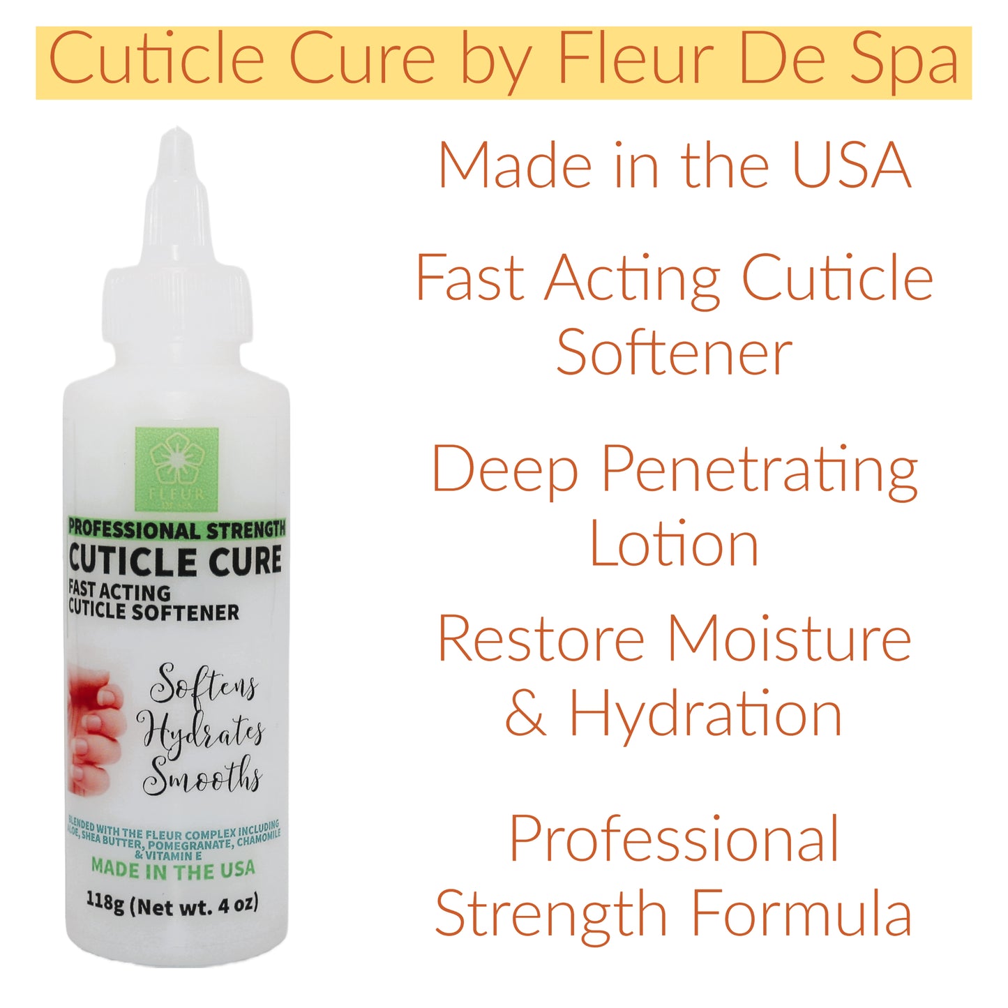 Cuticle softener by fleur de spa cuticle remover for manicure pedicure at home spa treatment diy nail health skin care made in usa product lotion to hydrate and moisturize nail bed professional strength formula