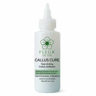 Fleur De Spa Callus Cure, a professional-grade, fast-acting gel softener designed for effortless callus removal.

This botanical-infused formula combines Shea Butter, Vetiver Root Oil, and Mango Extracts to deeply condition, soften, and rejuvenate rough, dry skin. In just 3–5 minutes, even the toughest calluses become easier to remove—leaving feet smooth, hydrated, and revitalized.