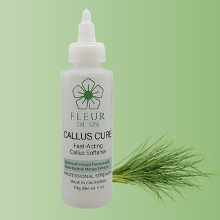 Fleur De Spa Callus Cure, a professional-grade, fast-acting gel softener designed for effortless callus removal.

This botanical-infused formula combines Shea Butter, Vetiver Root Oil, and Mango Extracts to deeply condition, soften, and rejuvenate rough, dry skin. In just 3–5 minutes, even the toughest calluses become easier to remove—leaving feet smooth, hydrated, and revitalized.