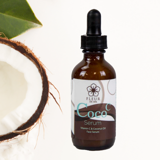 Anti aging face serum for smooth and hydrated skin made in the usa with vitamin c and coconut oil. Night cream or under makeup. Lotion moisturizer with eye dropper from Fleur De Spa beauty products called Coco C.