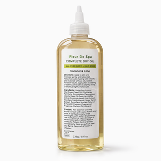 Fleur De Spa Complete Dry Oil Coconut & Lime, botanical dry oil for body and hair, fast-absorbing, non-greasy, 8 fl oz.