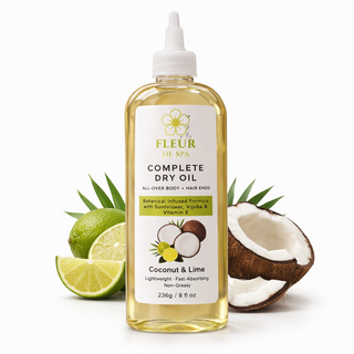 Fleur De Spa Complete Dry Oil Coconut & Lime, botanical dry oil for body and hair, fast-absorbing, non-greasy, 8 fl oz.