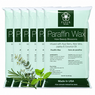 Paraffin wax refill from Fleur De Spa for hands and feet. USA made Paraffin waxes that can be used in any paraffin spa wax melting machine. Peach, lavender, vanilla, rosemary, eucalyptus, wintergreen and unscented for heat therapy and moisture to hydrate your skin. The best and most popular paraffin wax on sale.