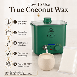 A green Fleur De Spa true coconut wax warmer with a clear lid and metal spout, shown on a light beige background with step-by-step usage instructions, a small beige bowl, and a packet of wax.