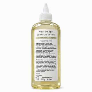 Fleur De Spa Complete Dry Oil Unscented, botanical dry oil for body and hair, fast-absorbing, non-greasy, 8 fl oz.