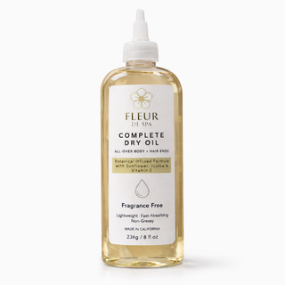 Fleur De Spa Complete Dry Oil Unscented, botanical dry oil for body and hair, fast-absorbing, non-greasy, 8 fl oz.