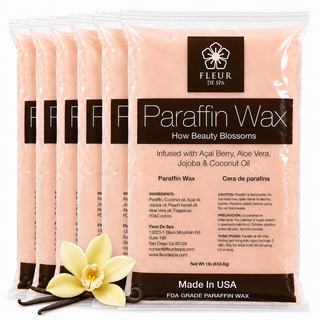 Paraffin wax refill from Fleur De Spa for hands and feet. USA made Paraffin waxes that can be used in any paraffin spa wax melting machine. Peach, lavender, vanilla, rosemary, eucalyptus, wintergreen and unscented for heat therapy and moisture to hydrate your skin. The best and most popular paraffin wax on sale.