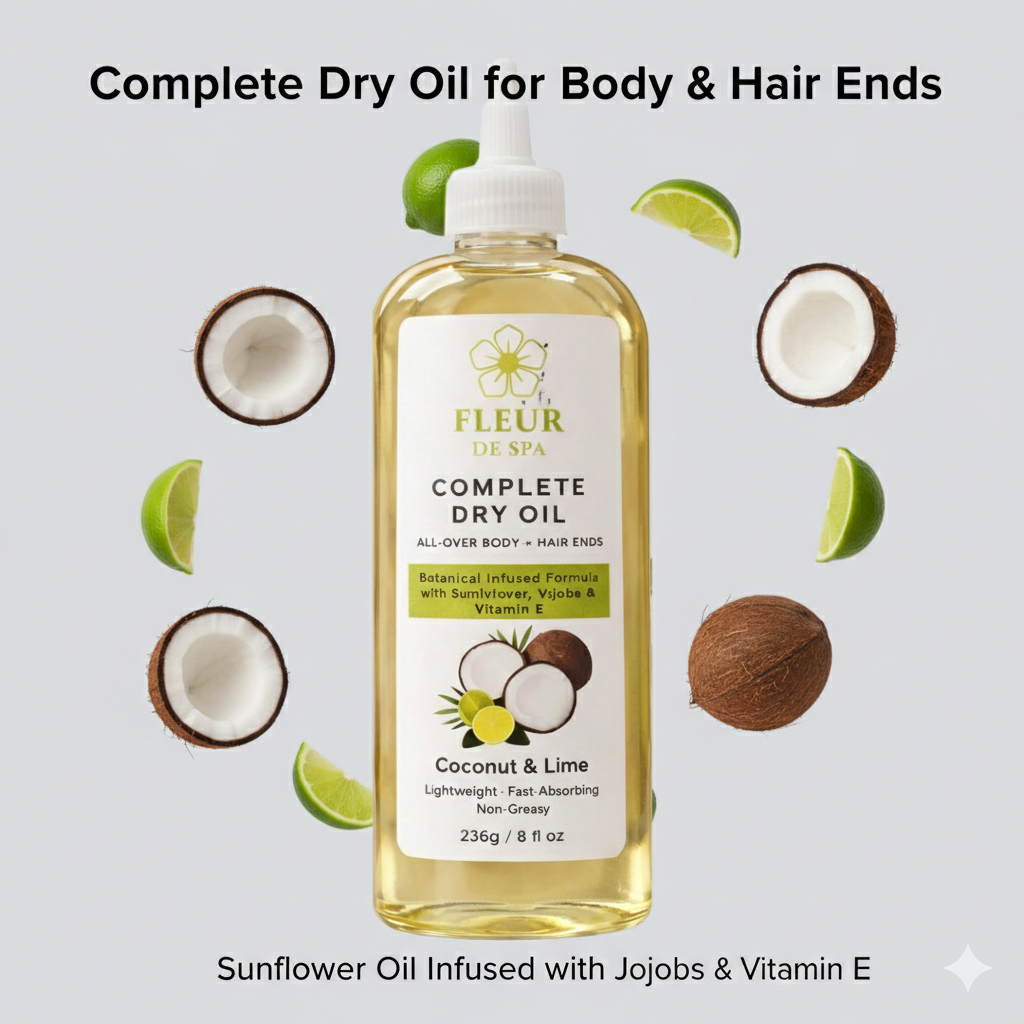 Fleur De spa Dry Oil made from Sunflower oil infused with Jojoba and Vitamin E