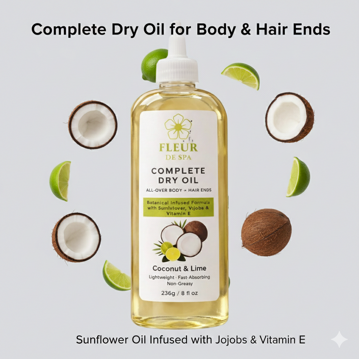 Fleur De spa Dry Oil made from Sunflower oil infused with Jojoba and Vitamin E
